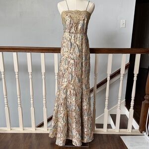 Aidan Mattox Strapless Metallic Brocade Maxi Dress in Gold and Taupe